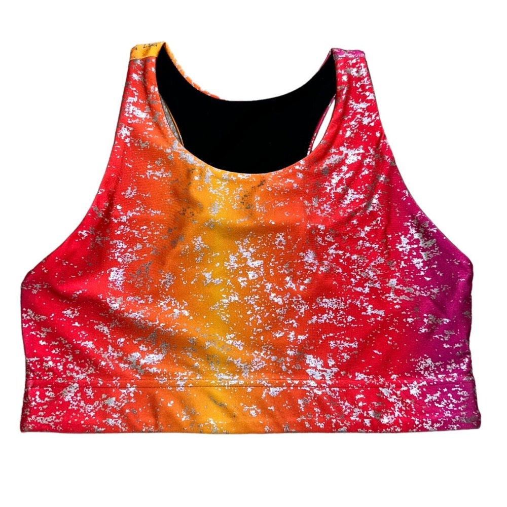 Terez Women Size M Sports Bra Sunset Ombre Silver Foil Splatter Racerback Pink